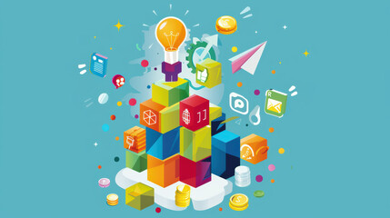 Innovative design featuring colorful building blocks, light bulb, and various icons representing creativity, finance, and communication. This vibrant illustration symbolizes growth and ideas