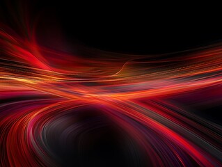 Fractal red and yellow glowing neon lights abstract background, fast traveling beams of light on dark background