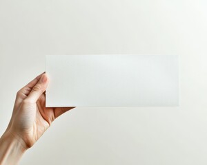 Obraz premium Closeup of hand holding a blank gift certificate with subtle bokeh background, emphasizing minimalism and simplicity gift certificate, hand, minimalist design