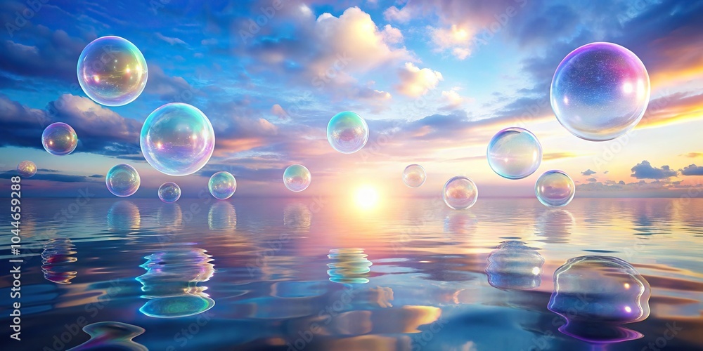 Poster symmetrical luminous circles of iridescent color floating in the air with ethereal glow
