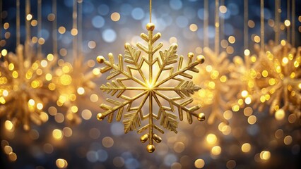 Abstract low poly style hanging gold snowflake wireframe illuminated with light glow on bokeh background, snowflake, gold
