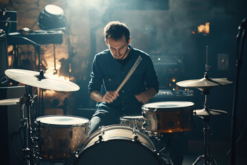 A man is playing drums in a studio