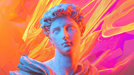 A statue of a man with a face and a blue robe