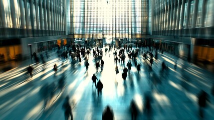 Obraz premium Aerial view of people moving in a large building which looks like airport or a large company entrance, panoramic tall windows people in motion