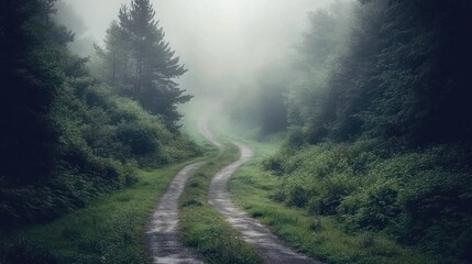 A winding dirt road through a misty forest, leading to an unknown destination.