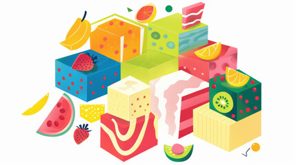 Colorful geometric shapes of fruit and desserts create vibrant and playful composition, featuring strawberries, bananas, and various cakes. This illustration evokes sense of joy and celebration