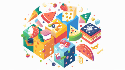 Fototapeta premium Colorful and playful illustration of various food items, including fruits, cheese, and snacks, arranged in whimsical manner. This vibrant design evokes sense of joy and creativity