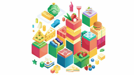 Obraz premium Colorful food items and blocks are arranged in playful, vibrant composition, showcasing various fruits, vegetables, and snacks. This whimsical design evokes sense of fun and creativity