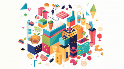 Colorful geometric shapes and food items create vibrant illustration filled with desserts, fruits, and playful elements, evoking sense of joy and creativity