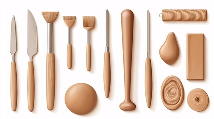 graphic of clay art tools, including sculpting knives, rollers, and a ball of clay, set against a white background for creative use.