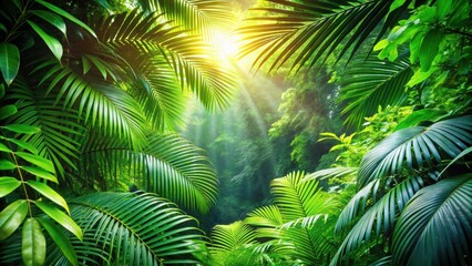 Obraz premium Green leaves background with tropical foliage and sunlight streaming through the trees , nature, vibrant, lush