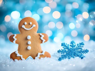Gingerbread with snow and bokeh lights background, Christmas gingerbread human shaped candy, sweet baked smiling ginger bread, new year holidays
