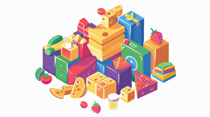 Naklejka premium Colorful and vibrant illustration of various food items including fruits, cheese, and beverages, creating playful and appetizing scene