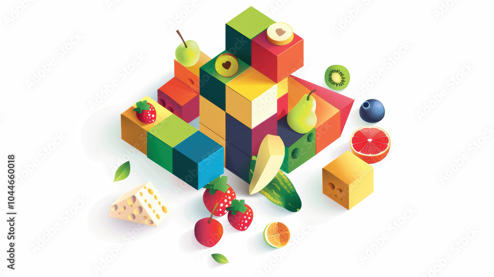 Aufkleber colorful building blocks arranged with various fruits and cheese create playful and vibrant scene. t