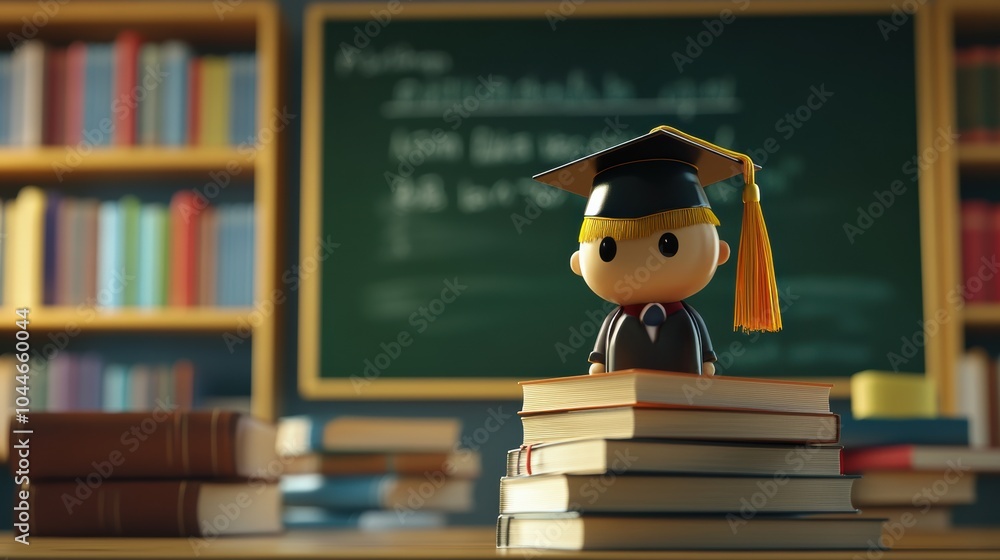 Aufkleber a small figurine of a graduate stands on a stack of books in a classroom filled with educational mat