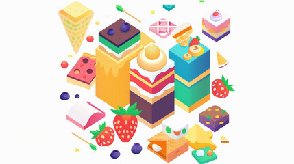 Delight in colorful assortment of desserts featuring layered cakes, ice cream cones, and fresh fruits like strawberries and blueberries, creating vibrant and joyful scene
