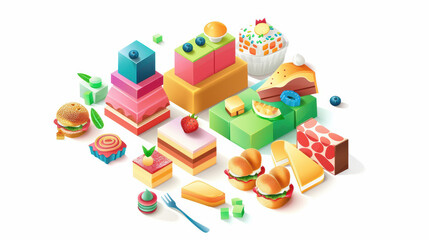 Naklejka premium Delight in colorful assortment of desserts and snacks, featuring cakes, pastries, and burgers, all presented in vibrant, playful style