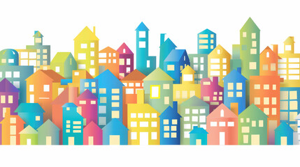 Colorful paper cut out houses create vibrant cityscape, showcasing variety of architectural styles and colors. This cheerful design evokes sense of community and creativity