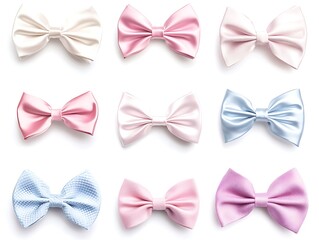 Collection of different color bow ties with light colors on white background, blue, pink, cream and purple fancy bowties
