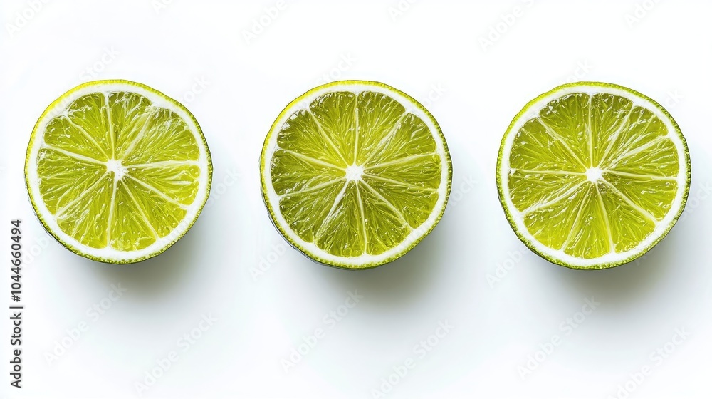 Poster freshly sliced limes arranged in a row on a white background generative ai