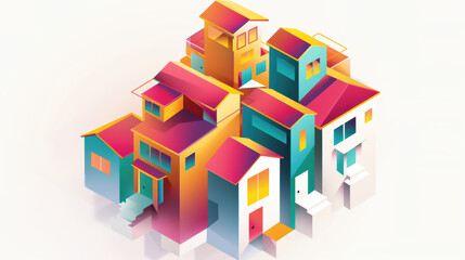 Colorful geometric houses create vibrant urban landscape, showcasing blend of modern design and playful architecture. bright hues evoke sense of creativity and joy