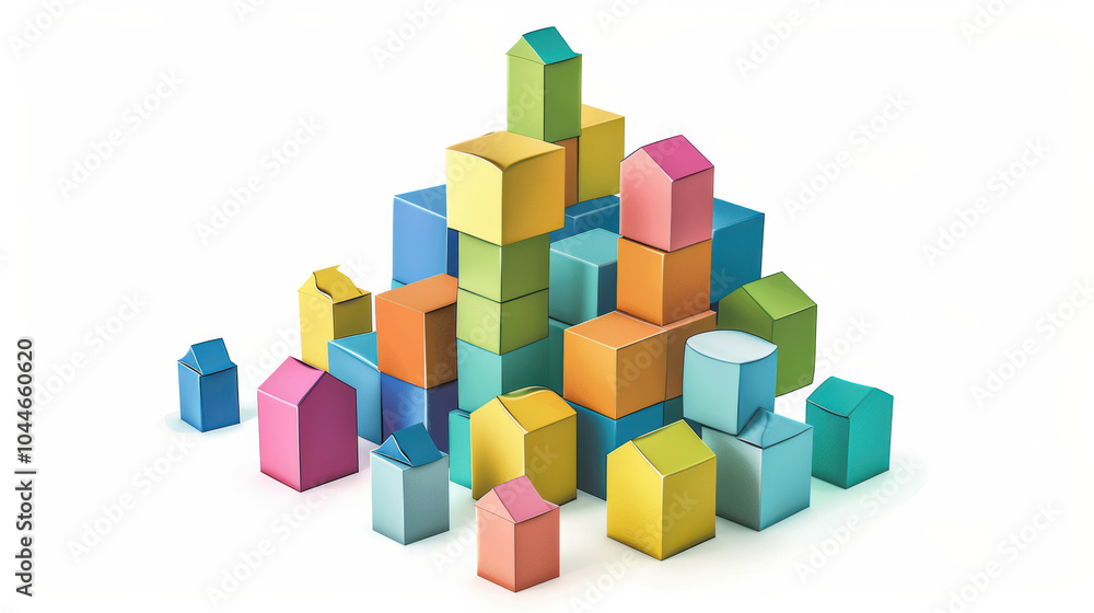 Poster colorful geometric shapes and blocks arranged in playful manner, creating vibrant and imaginative sc