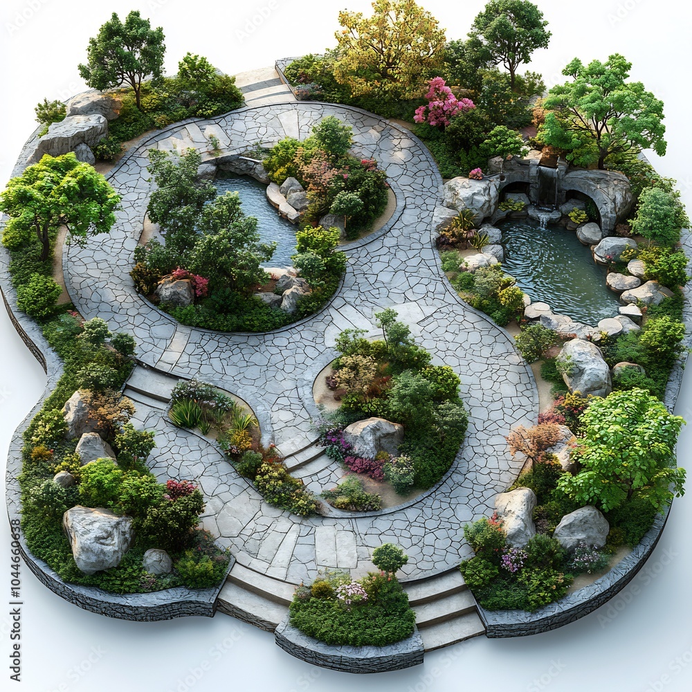 Poster 3d render of public garden with landscaped areas curved paths and relaxing water features viewed fro