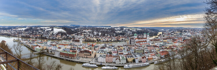 Sunset on a winter evening over Passau, Bavaria, Germany.