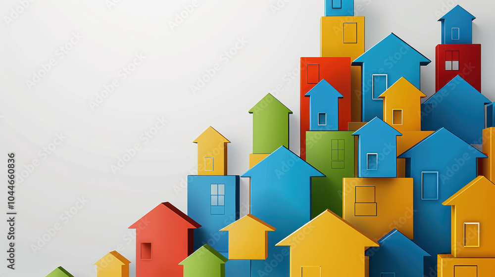 Poster colorful houses in various shapes and sizes create vibrant and playful scene, symbolizing community 