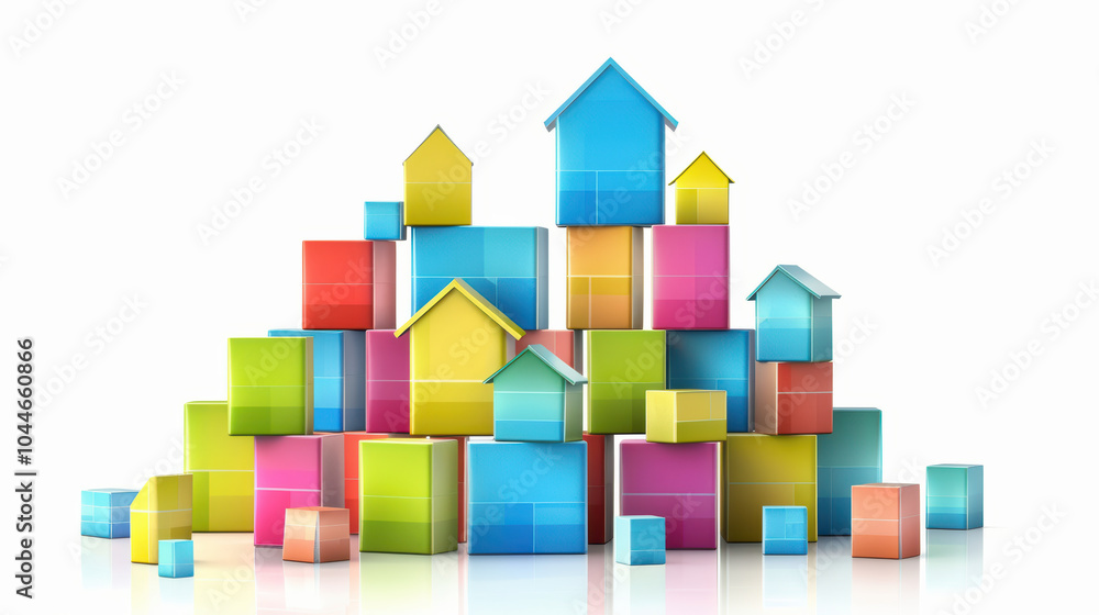 Poster colorful building blocks and houses stacked together create vibrant and playful scene, perfect for i