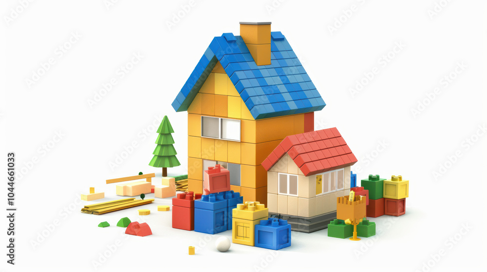 Poster building colorful house with blocks, surrounded by various construction elements, evokes creativity 