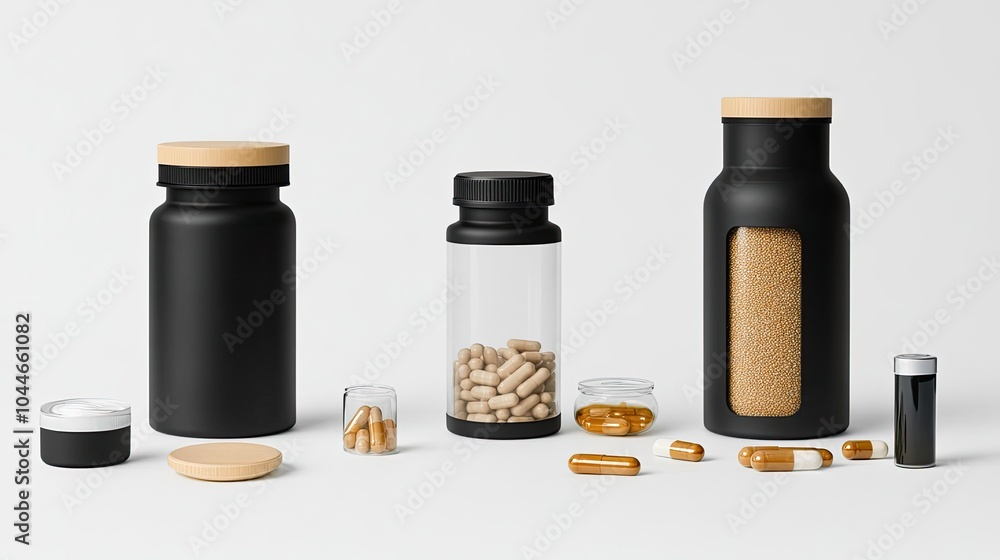 Poster assorted nutrition supplement bottles arranged on a clean surface generative ai