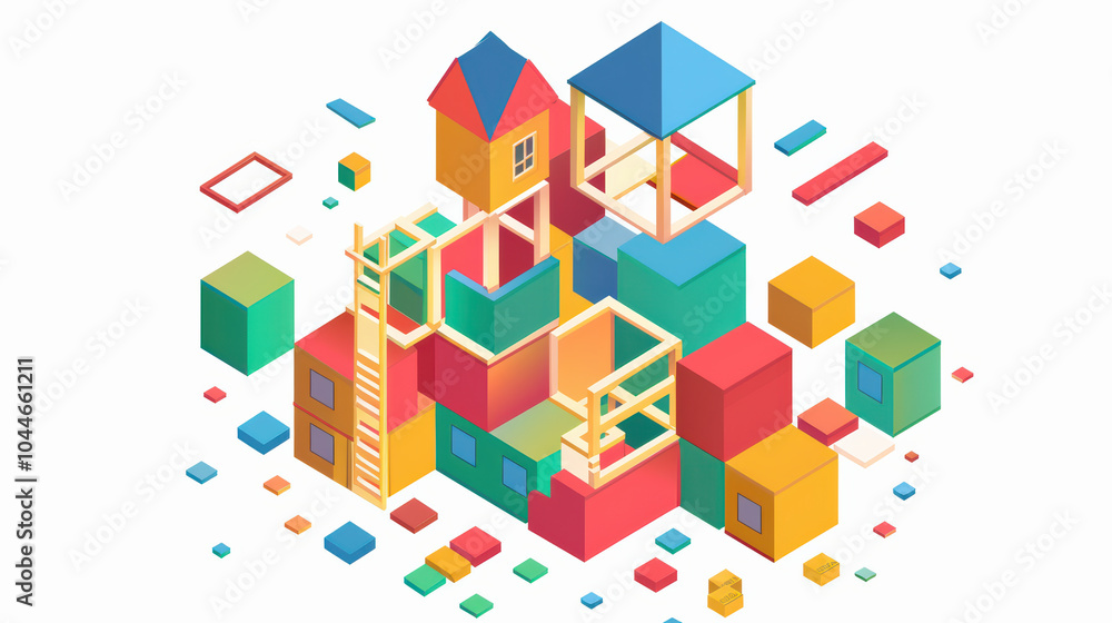 Poster colorful building blocks and structures create playful scene, showcasing creativity and imagination 