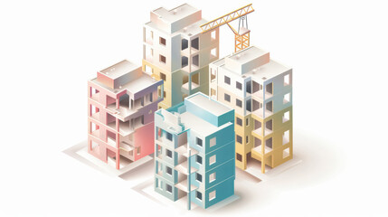Modern buildings under construction with crane, showcasing various architectural styles and colors. scene captures essence of urban development and progress