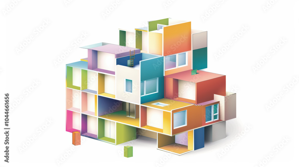 Poster colorful abstract building design with various shapes and windows, showcasing playful architectural 