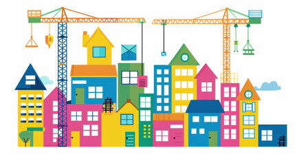 Fototapeta premium Colorful buildings and cranes create vibrant construction scene, showcasing lively urban landscape filled with various house designs and construction activity