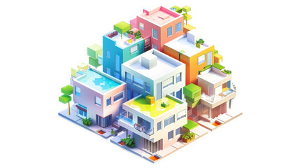 Modern colorful houses with unique designs and greenery create vibrant urban landscape. This illustration showcases playful arrangement of buildings, emphasizing creativity and community
