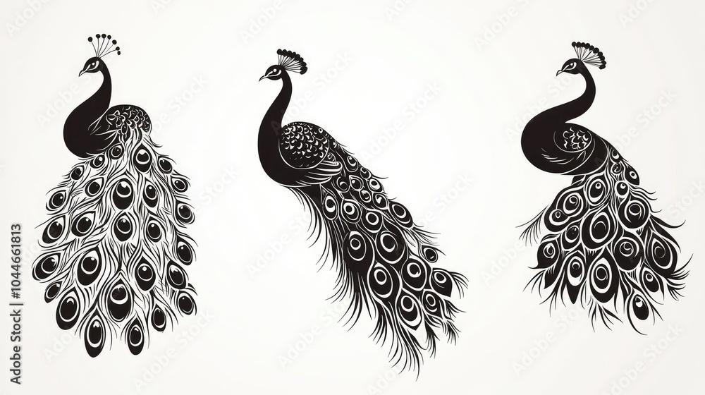 Poster elegant black and white peacock icons with intricate design generative ai