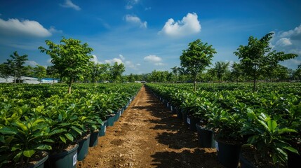 Obraz premium Rows of potted trees in a nursery, with a dirt path leading through the center.