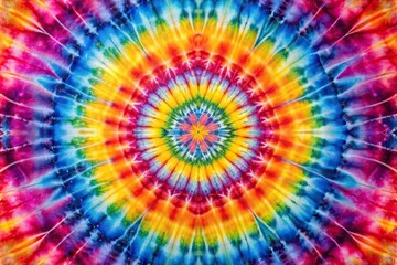 Symmetrical multicolored tie dye fabric with wavy patterns in pink, purple, blue, orange, and yellow