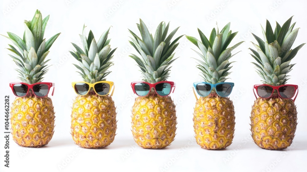 Poster pineapples wearing colorful sunglasses in a bright setting generative ai