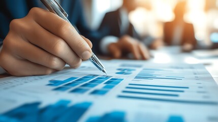 view of a person righting with pen on charts and graphs with defocused background of office employees on work, data processing a professional working