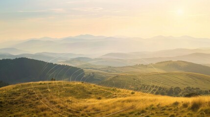 Fototapeta premium Sound waves radiating across a serene landscape, symbolizing the interconnectedness and harmony of natural and auditory elements.