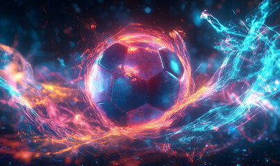 Obraz premium Dynamic Neon Football Action with Futuristic Geometric Patterns and Vibrant Light Trails for High-Energy Sports Advertising Backgrounds