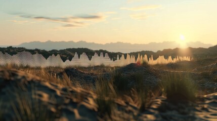 Sound waves radiating across a serene landscape, symbolizing the interconnectedness and harmony of natural and auditory elements.