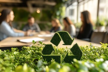 Green design of recycling logo with leaves with background of office agents and managers, ESG and environment concept