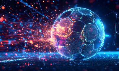 Obraz premium Dynamic Neon Football Action with Futuristic Geometric Patterns and Vibrant Light Trails for High-Energy Sports Advertising Backgrounds
