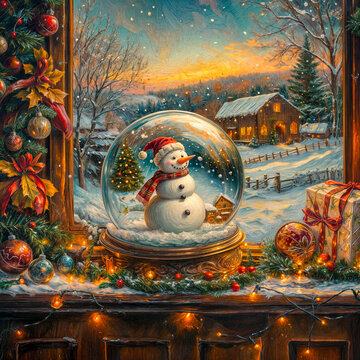 Christmas Window Scene: Snow Globe with Snowman in Winter Landscape