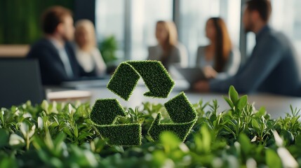 Green design of recycling logo with leaves with background of office agents and managers, ESG and environment concept