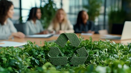 Green design of recycling logo with leaves with background of office agents and managers, ESG and environment concept